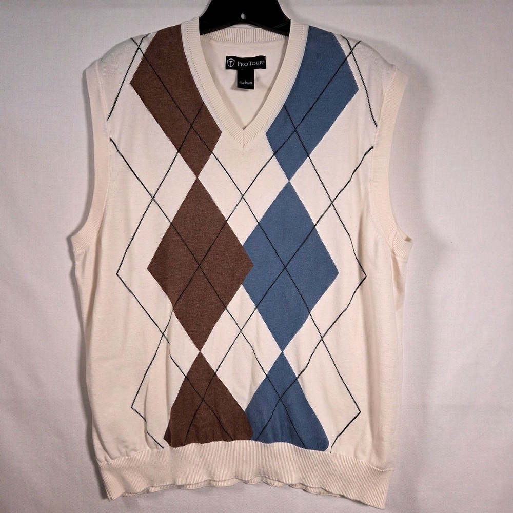 Pro Tour Mens Argyle Sweater Vest 100% Cotton Large Country Club Golf Academia